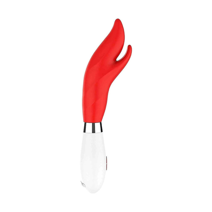 Vibratore rabbit rosso laterale superficie liscia con orecchie simmetriche e base bianca