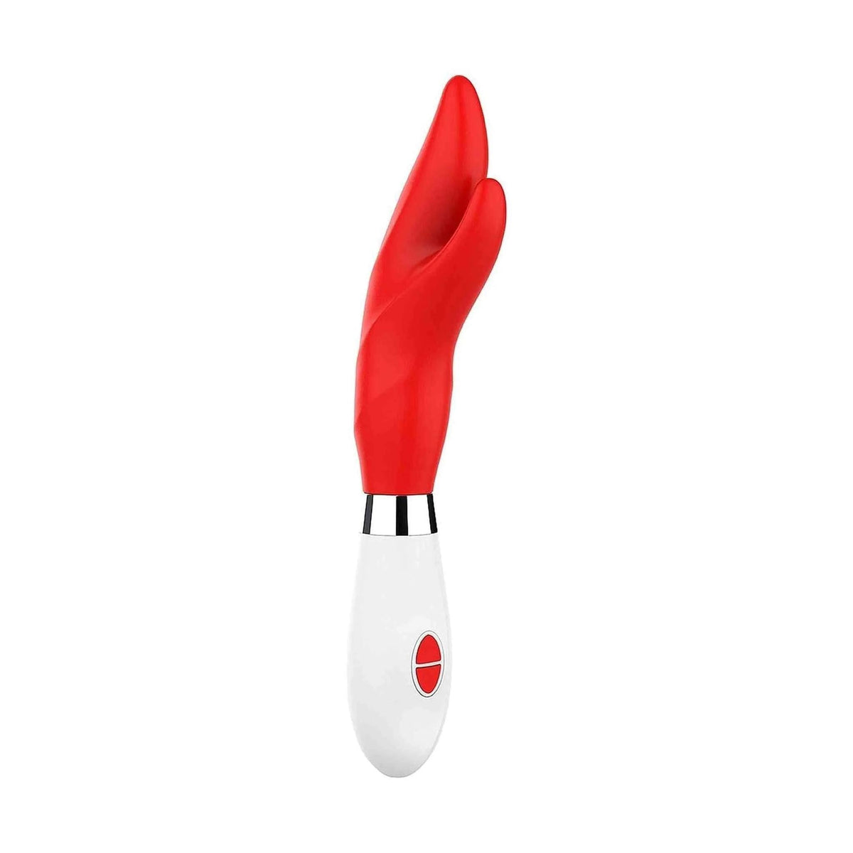 Vibratore rabbit rosso frontale pulsante centrale rosso su base bianca con anello metallico