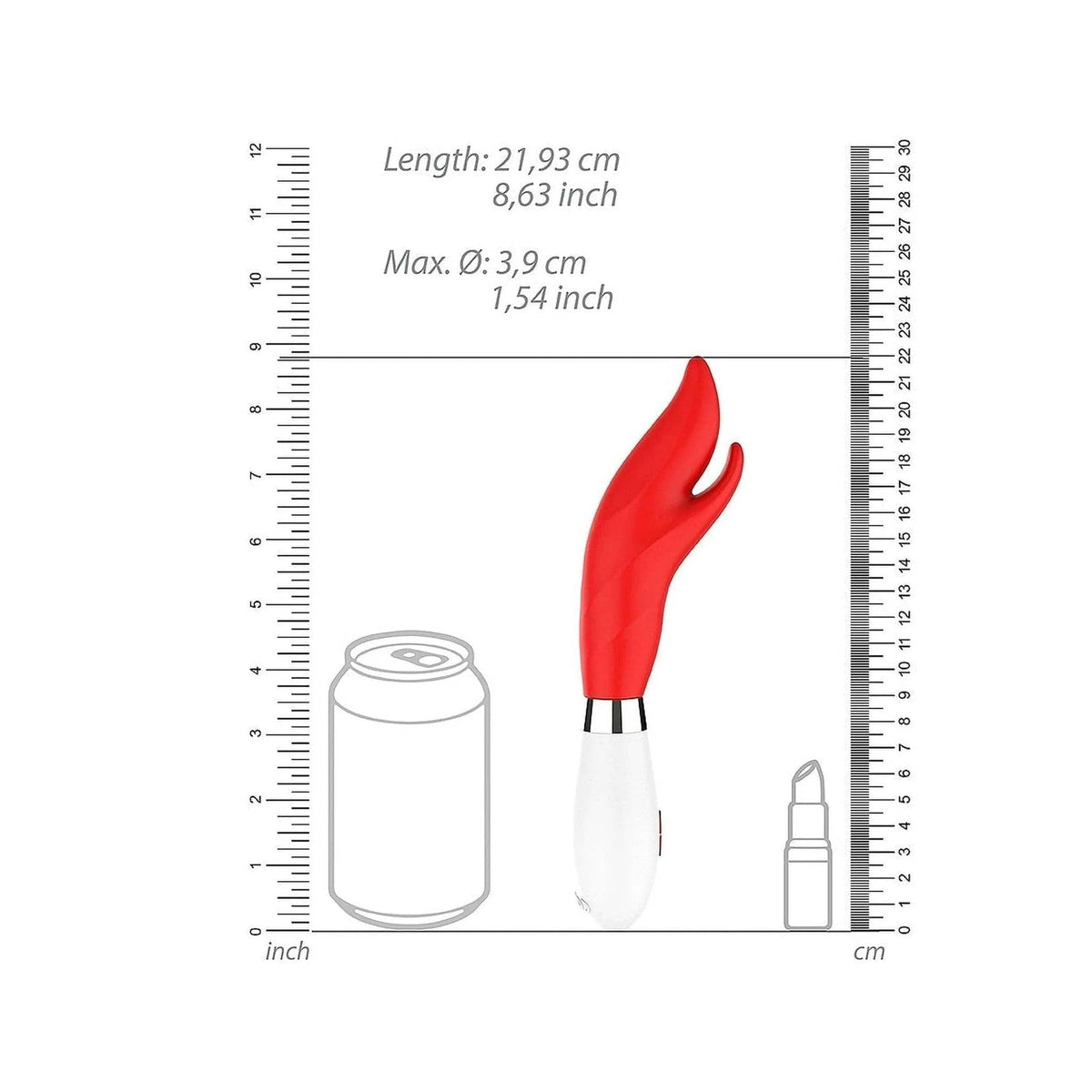 Dimensioni vibratore rabbit rosso 21,9 cm con scala di confronto per oggetti quotidiani