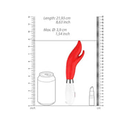 Dimensioni vibratore rabbit rosso 21,9 cm con scala di confronto per oggetti quotidiani