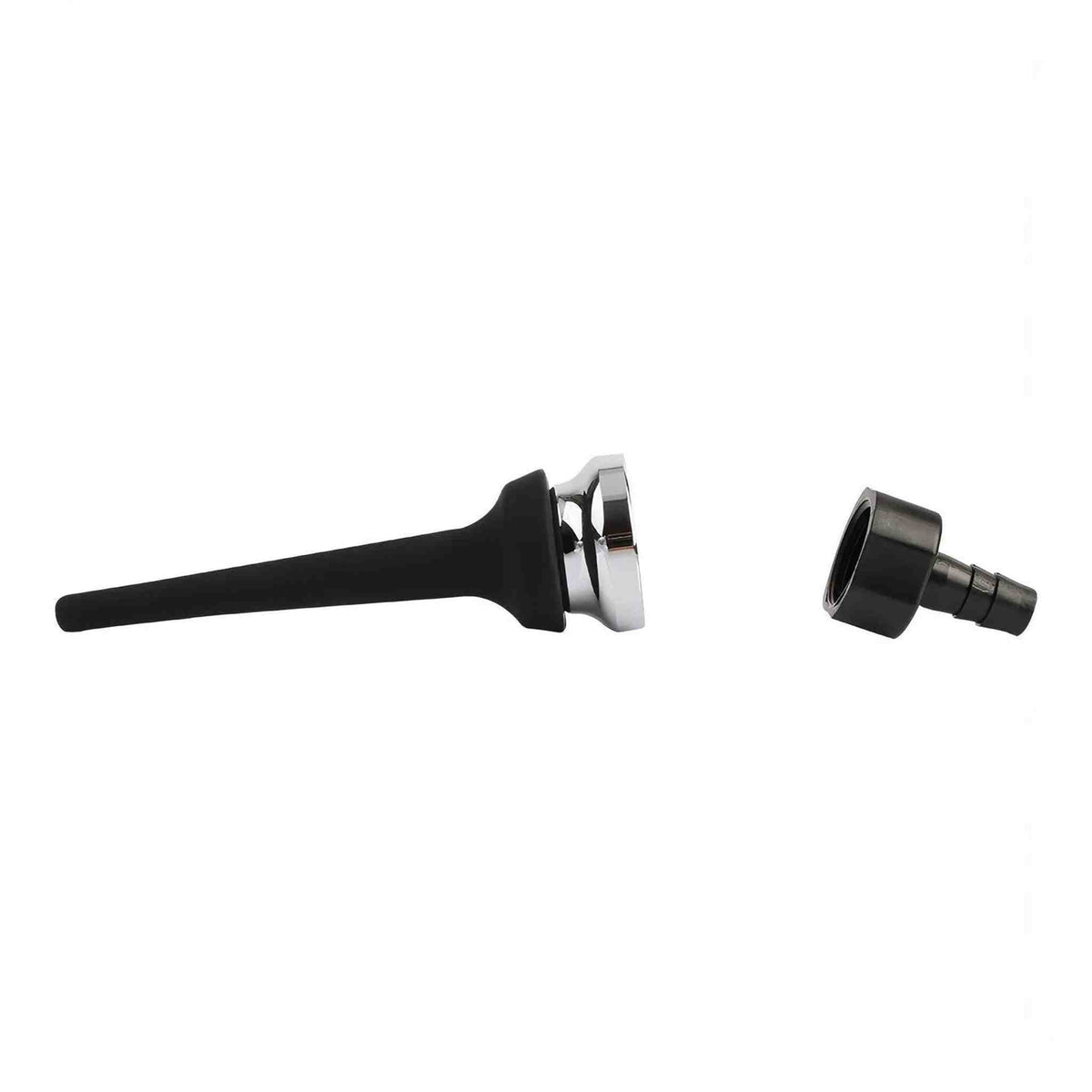 Vista laterale attacco doccia anale tubo silicone nero finitura metallo lucida
