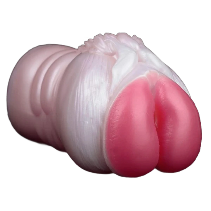 Vista frontale Banshee toy in silicone rosa traslucido con fessura centrale e base cilindrica