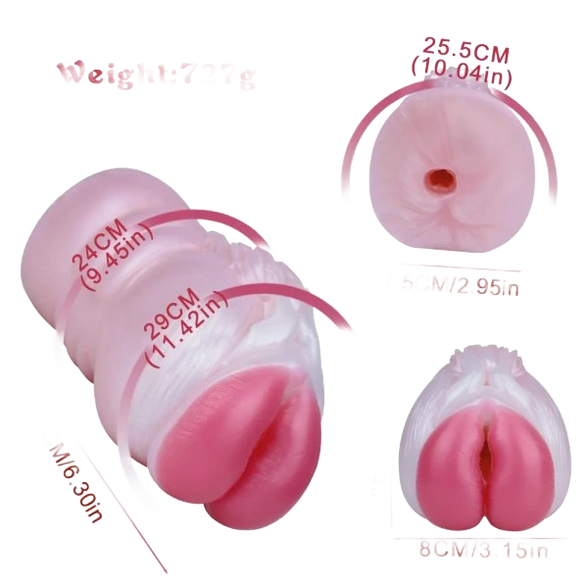 Schema dimensioni Banshee masturbatore silicone rosa 29 cm con vista dall'alto