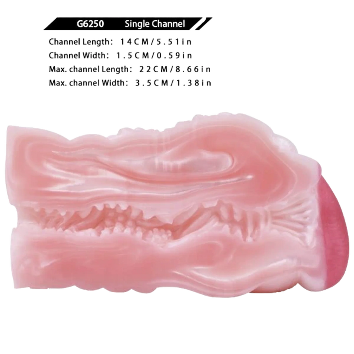 Canale singolo interno Banshee masturbatore silicone rosa con etichetta misure tecniche
