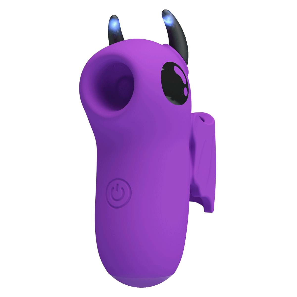 Vibratore da dito viola Magic Devil con apertura suzione e corna nere illuminazione LED blu