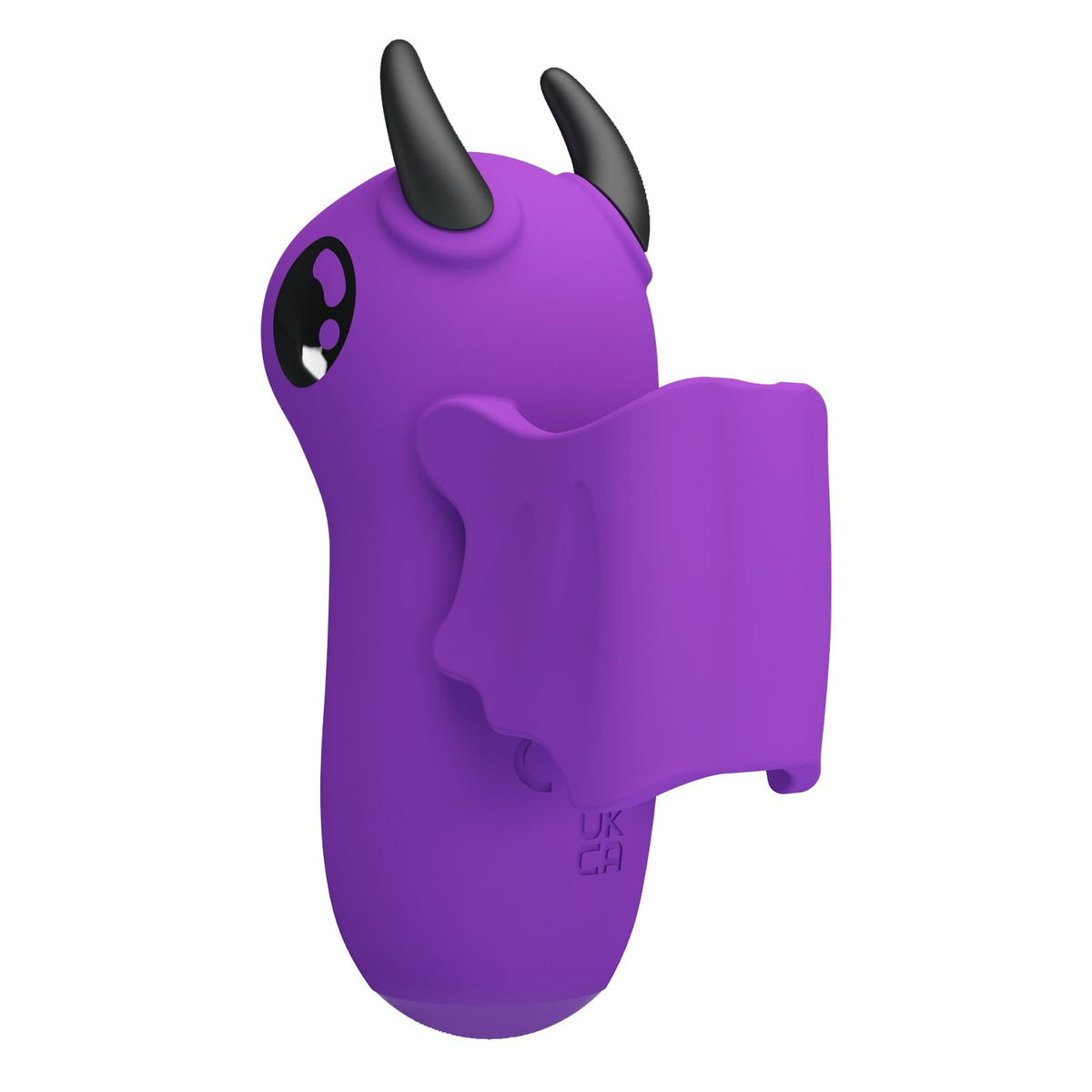 Vibratore da dito viola Magic Devil vista laterale con occhio stilizzato e ala flessibile