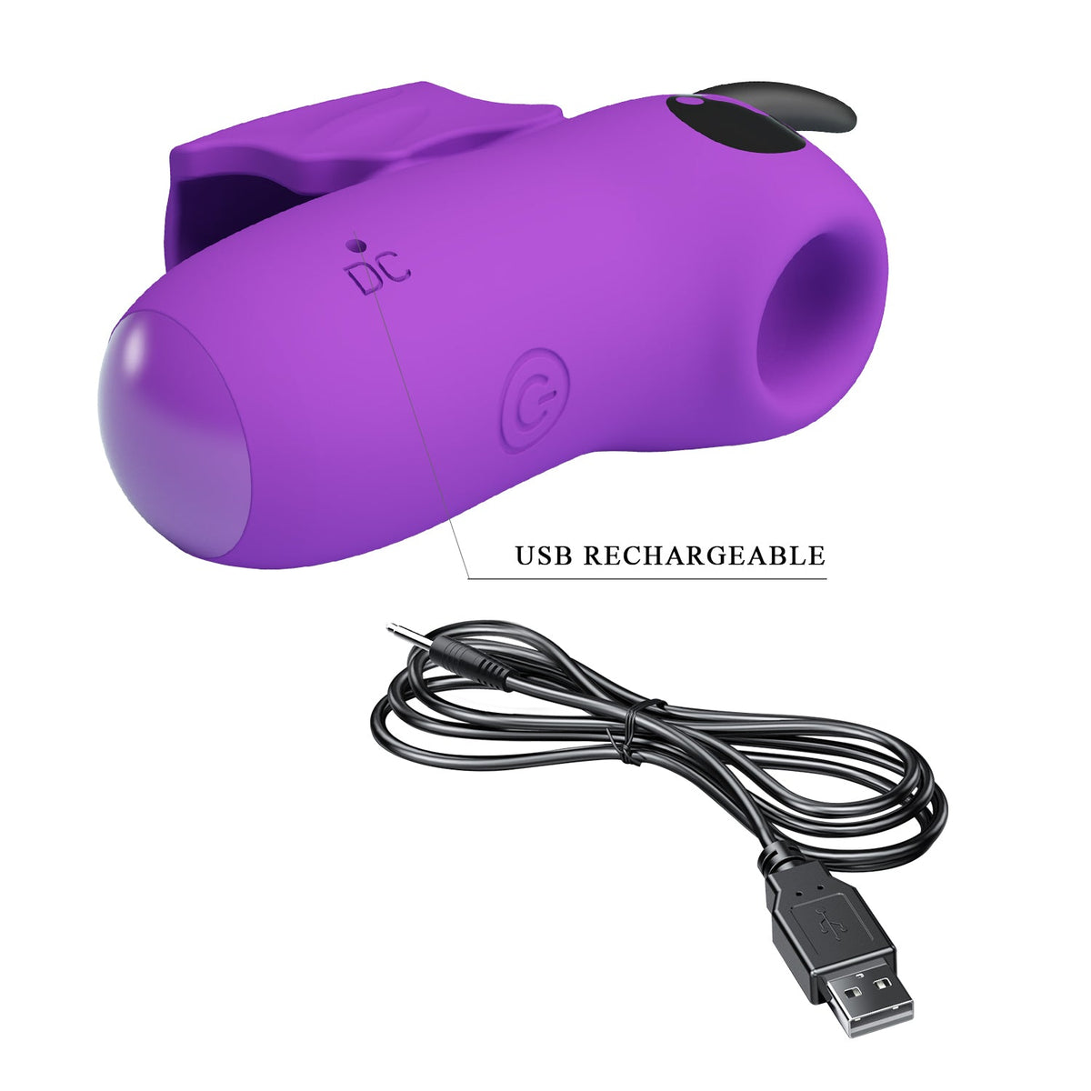 Vibratore da dito viola ricaricabile USB con cavo incluso e ingresso DC visibile