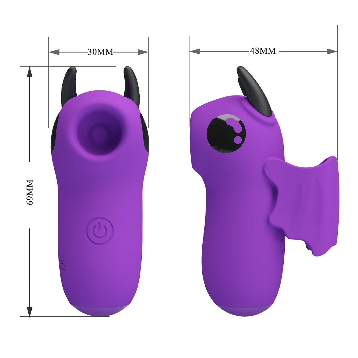 Disegno tecnico vibratore da dito viola Magic Devil misure 69mm silicone morbido opaco