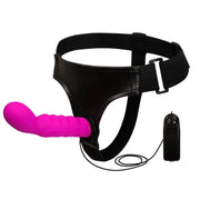 Cintura strappo nera regolabile con vibratore rosa in silicone e telecomando