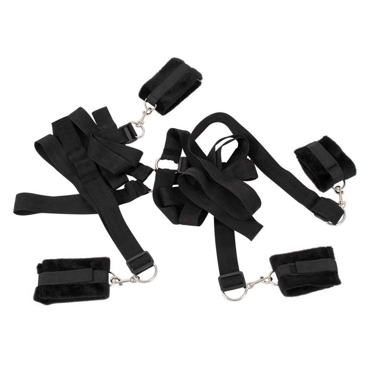 Componenti set cinghie letto nero con anelli metallici e chiusure velcro