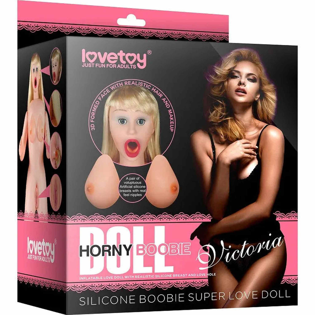 Scatola prodotto Bambola Love Doll Victoria con dettagli viso e seno in silicone