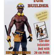 Fronte scatola Bambolo Gonfiabile Nero Builder Doll con testo 'TOM BUILDER' e immagine uomo