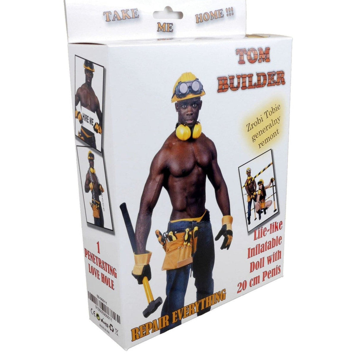 Scatola Bambolo Gonfiabile Nero Builder Doll con stampa uomo muscoloso e caschetto giallo