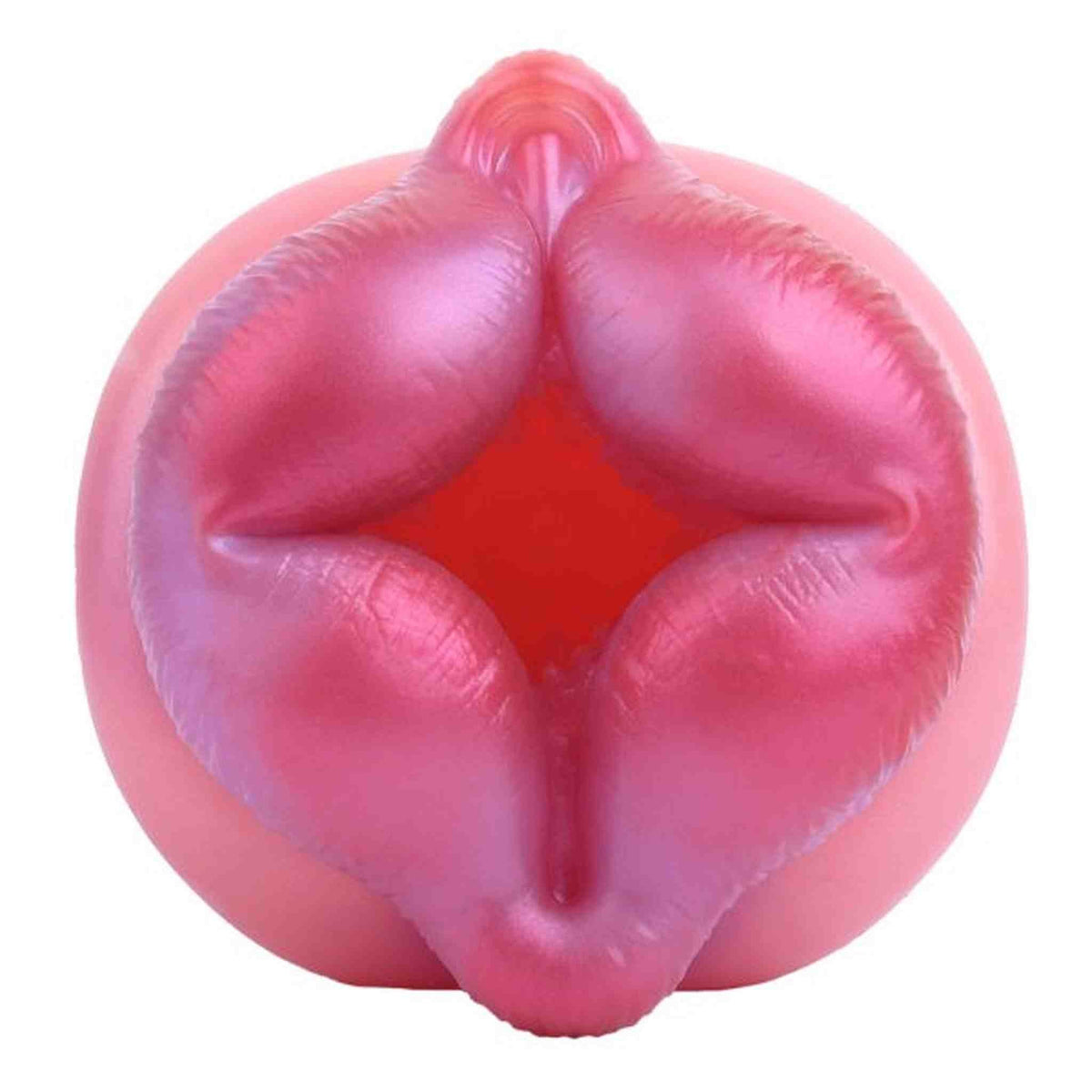 Toy vibrante sferico in silicone rosa viola con labbra stilizzate e texture