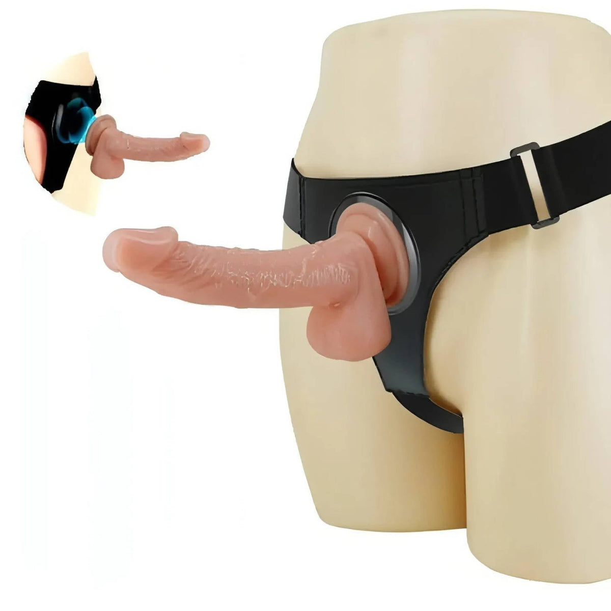 Harness Strapon Nero Indossato su Manichino con Inserzione Meccanismo