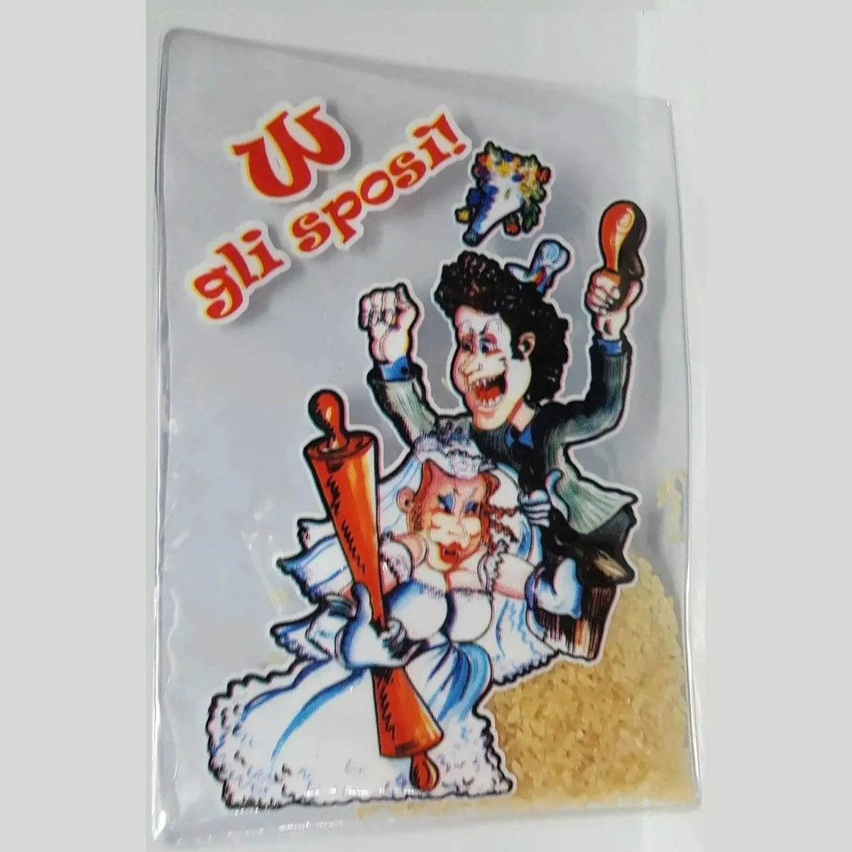 Biglietto auguri matrimonio riso W gli sposi con illustrazione sposa e sposo in busta trasparente