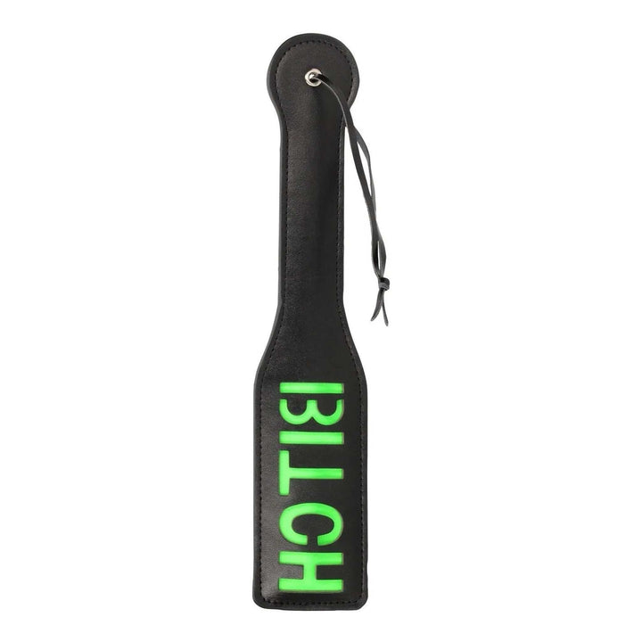 Paddle sculacciatore nero verde neon scritta Bitch verticale con cordino