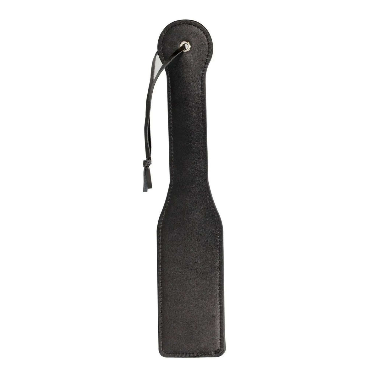 Paddle BDSM nero pelle con cuciture e cordino, effetto glow in the dark