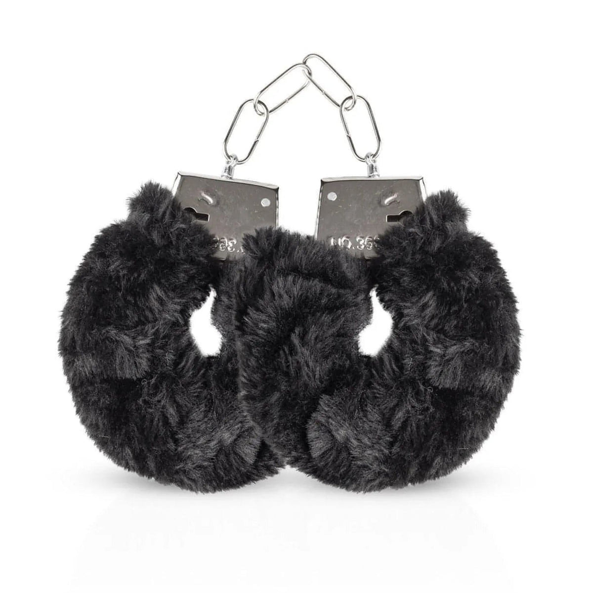 Manette in peluche nero con catena metallica e finiture grigie