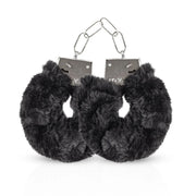Manette in peluche nero con catena metallica e finiture grigie