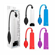 Confezione pompa pene TOYJOY Power Pump con modelli disponibili in nero, blu, rosso e viola