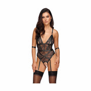 Body nero pizzo floreale con cinturino centrale e anello metallico