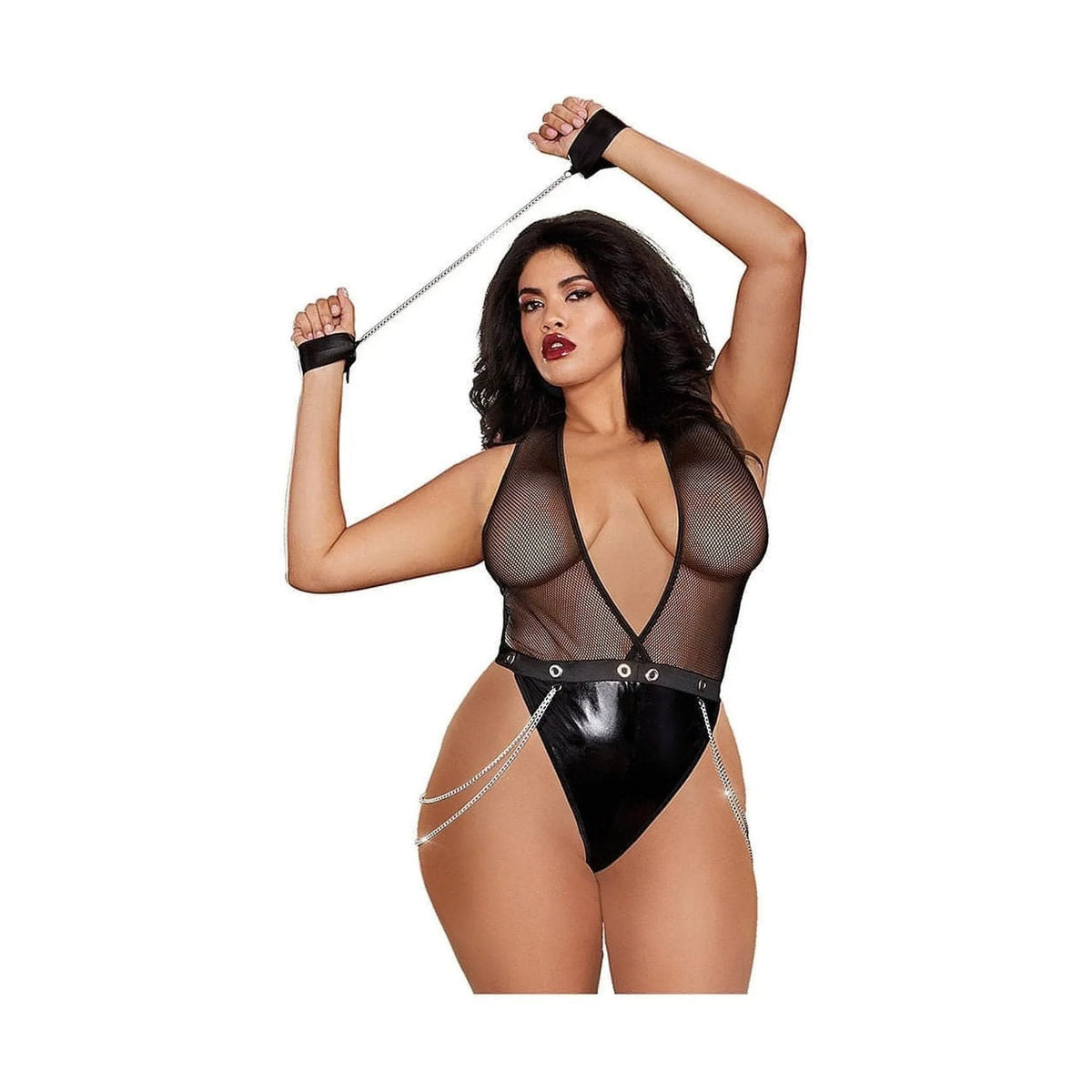 Body role play nero Dreamgirl rete trasparente ecopelle lucida cintura fibbia catena centrale