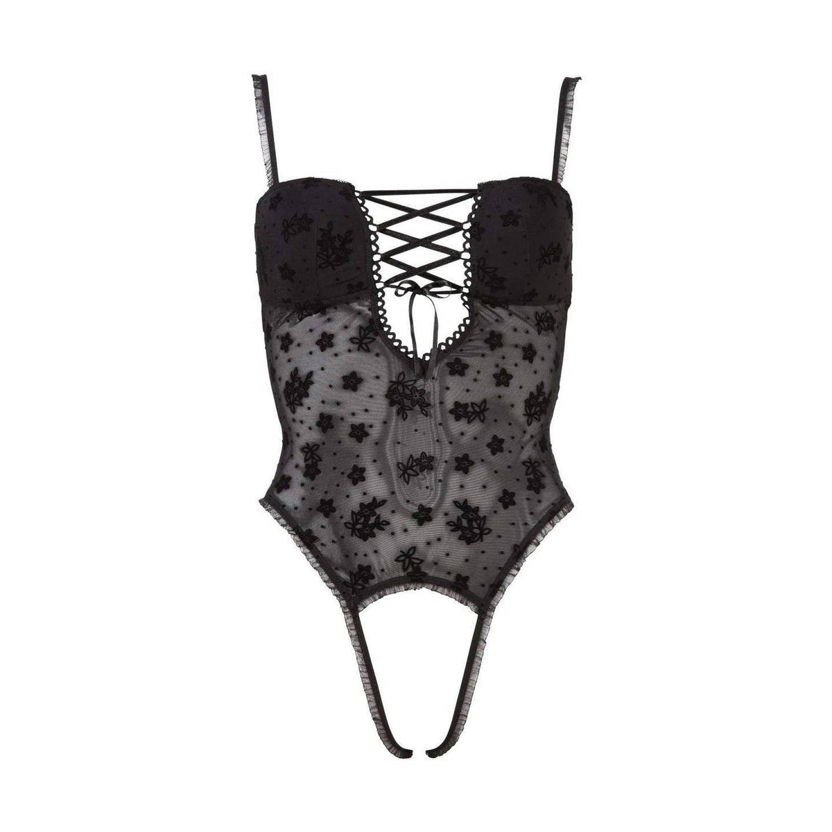 Body intero nero tulle trasparente con ricami floreali e frange