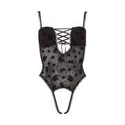 Body intero nero tulle trasparente con ricami floreali e frange