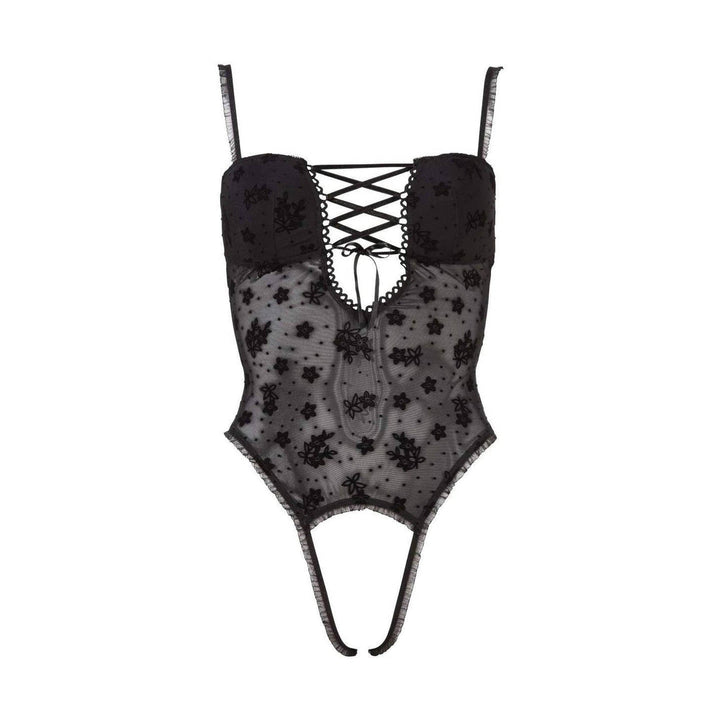 Body intero nero tulle trasparente con ricami floreali e frange