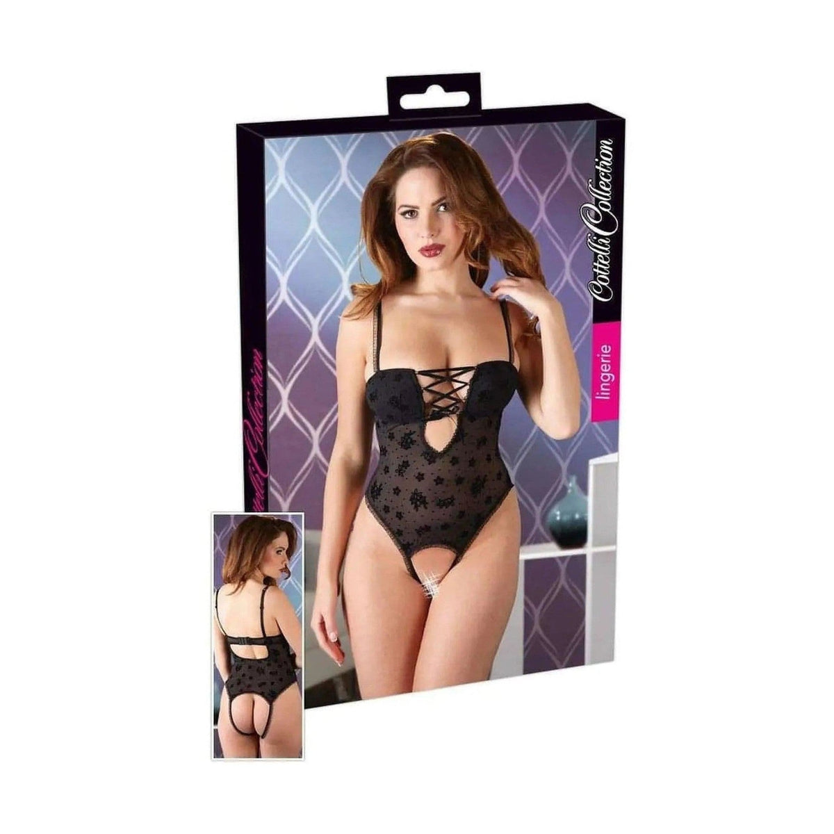 Body nero in tulle con ricami floreali e laccio frontale Cottelli Collection