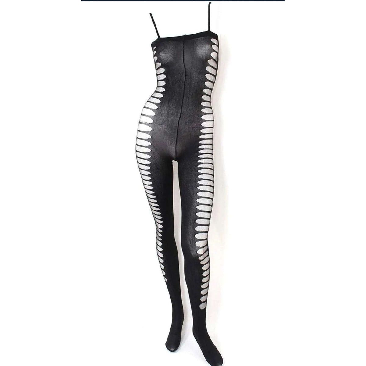 Bodystocking nera opaca vista frontale con dettagli a tagli ovali laterali
