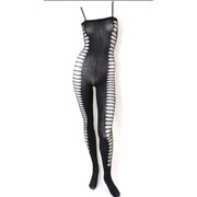 Bodystocking nera opaca vista frontale con dettagli a tagli ovali laterali