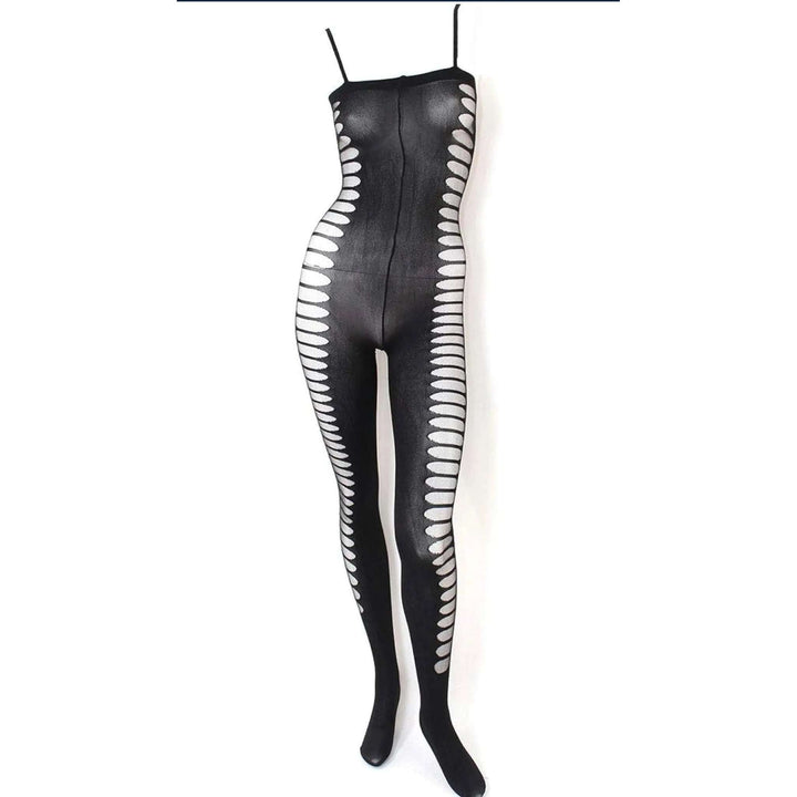 Bodystocking nera opaca vista frontale con dettagli a tagli ovali laterali