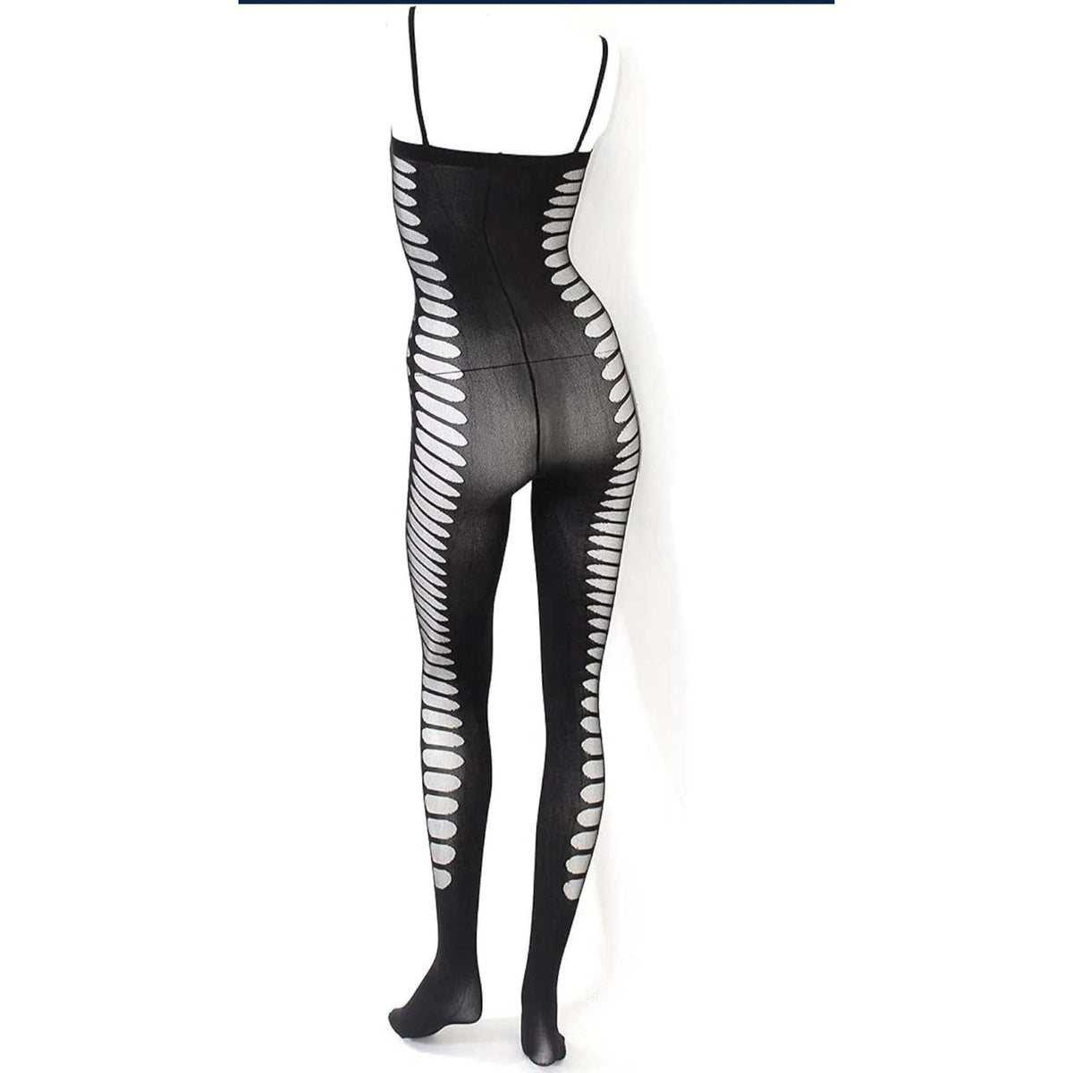 Bodystocking nera opaca vista posteriore con tagli ovali verticali e spalline sottili