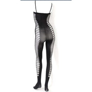 Bodystocking nera opaca vista posteriore con tagli ovali verticali e spalline sottili