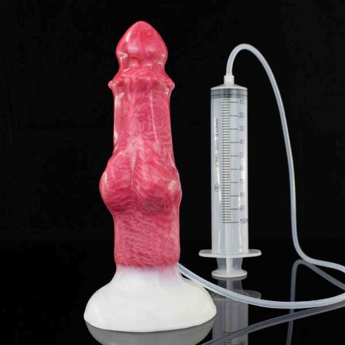 Dildo Bonewolf Damon verticale in silicone rosa con siringa e tubo