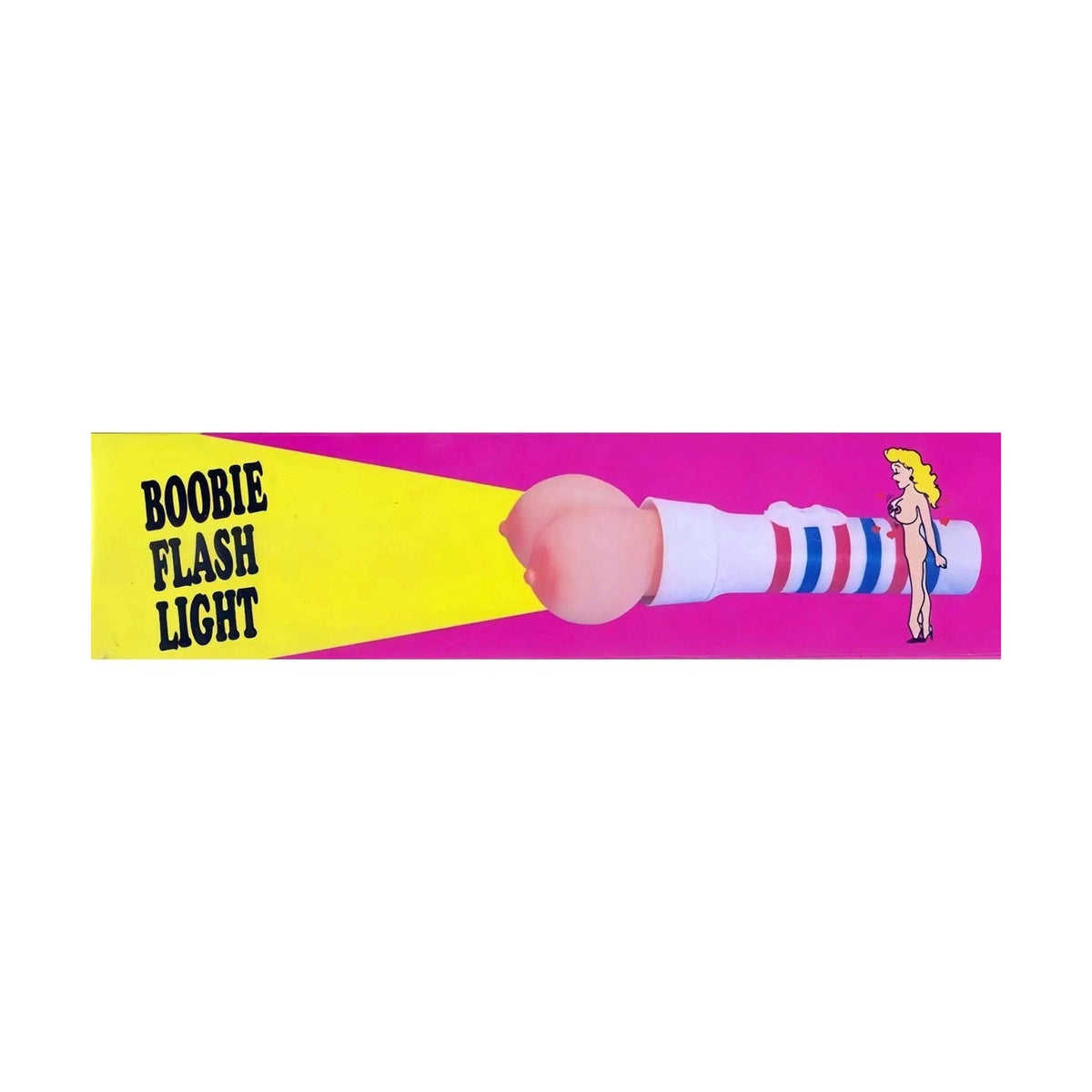 Torcia sexy Boobie Flash Light accesa su sfondo rosa con illustrazione pin-up