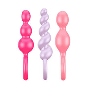 Set di tre plug anali in silicone Satisfyer Booty Call, colori rosa acceso, lavanda e rosa pallido con forme sferiche e a spirale