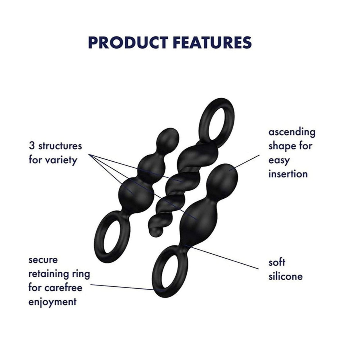 Caratteristiche plug anali Satisfyer: silicone morbido, forma ascendente per inserimento facile e anello di ritenuta sicuro