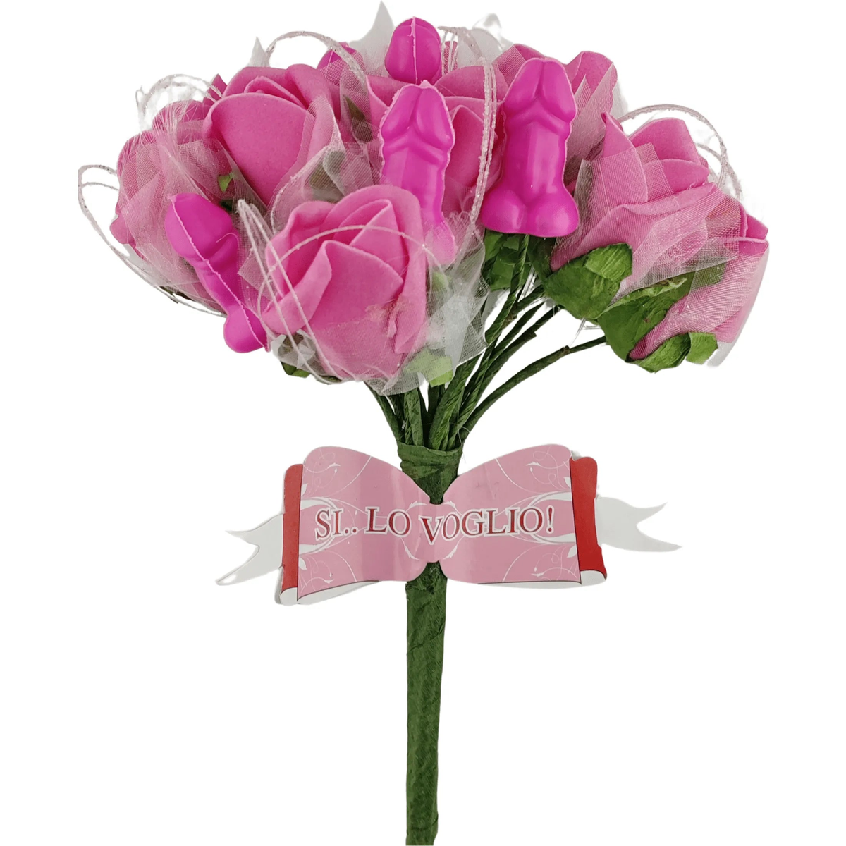 Bouquet ironico addio al nubilato rose rosa con messaggio nastro rosso