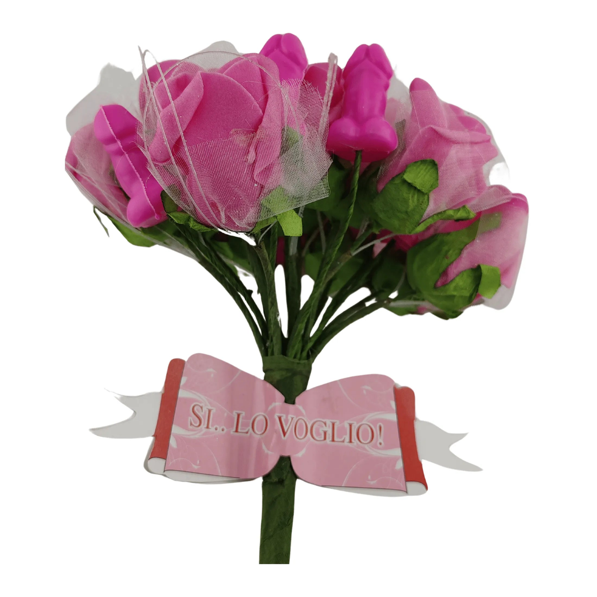 Bouquet addio al nubilato rose rosa con scritta SI LO VOGLIO sul nastro