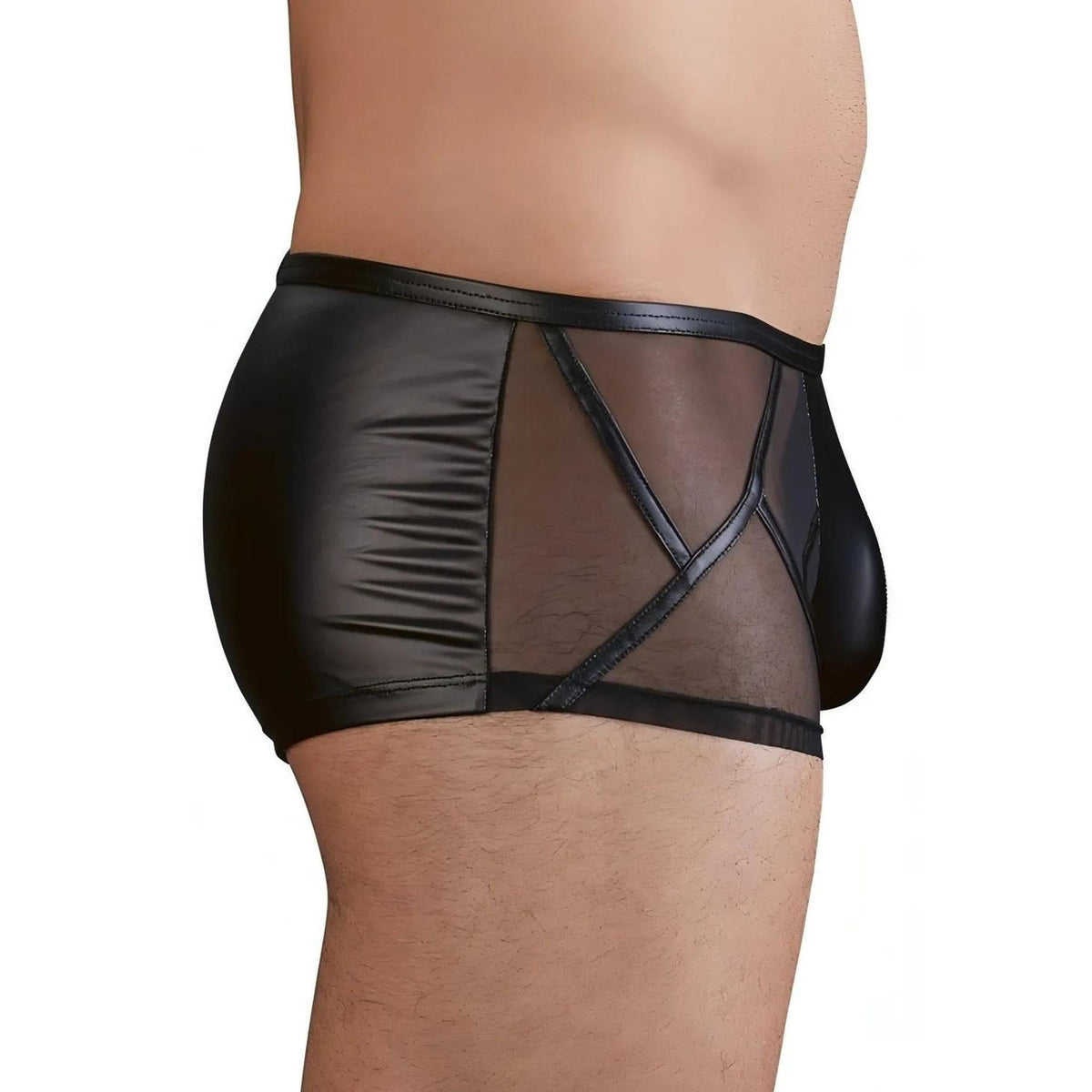 Boxer intimo nero pannello laterale trasparente strisce nere incrociate lato