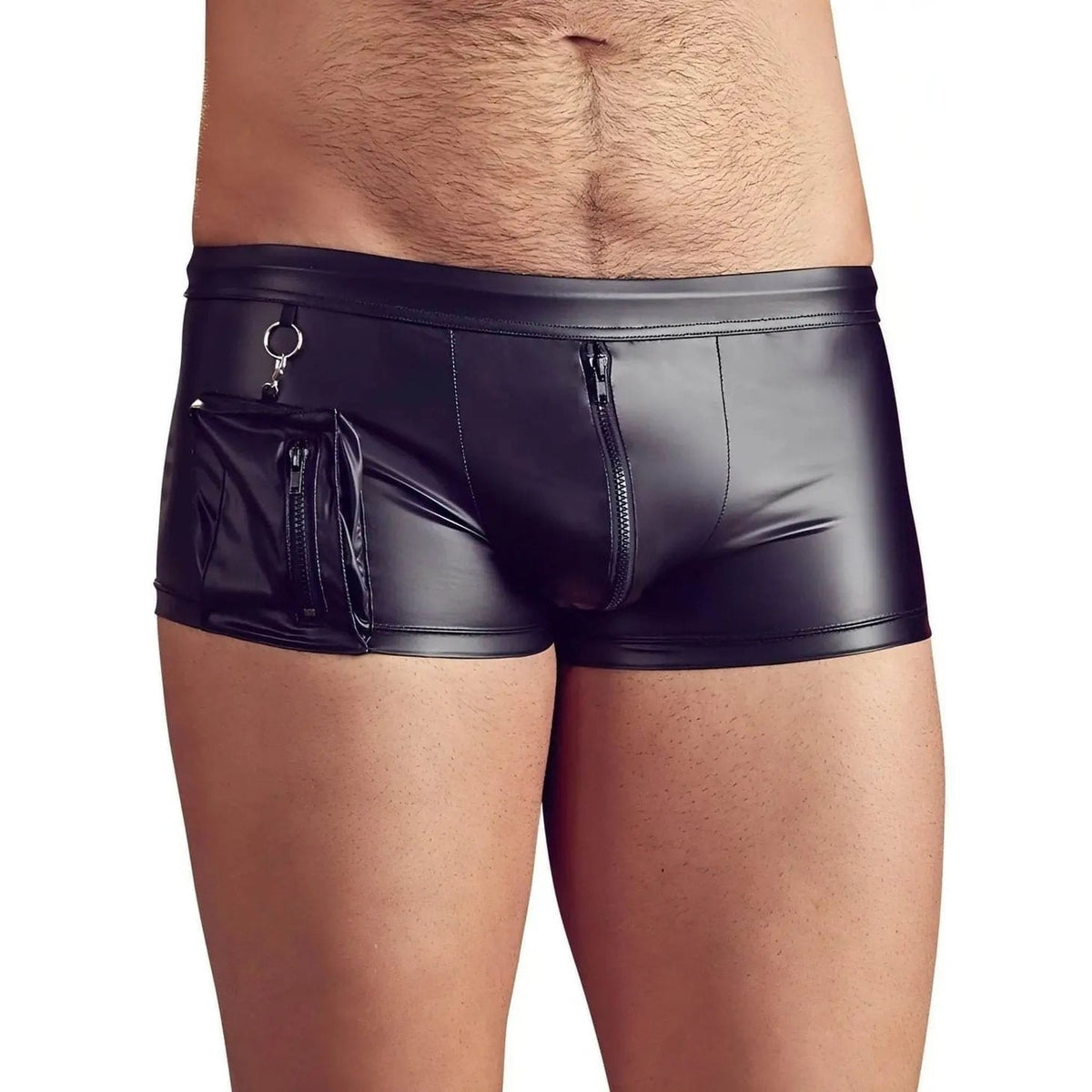 Boxer nero wetlook uomo frontale tasca zip laterale e zip centrale