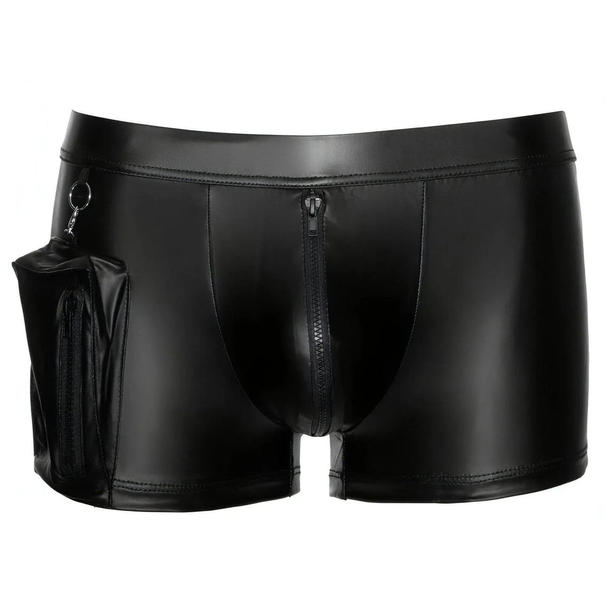 Boxer nero wetlook uomo frontale zip centrale verticale e tasca laterale
