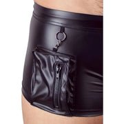 Boxer nero wetlook con tasca laterale zip e anello metallico dettaglio