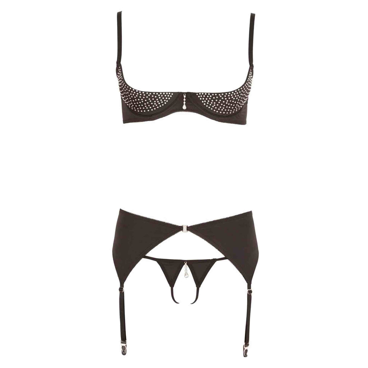 Completo lingerie nero bustier strass e reggicalze vista frontale