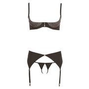 Completo lingerie nero bustier strass e reggicalze vista frontale