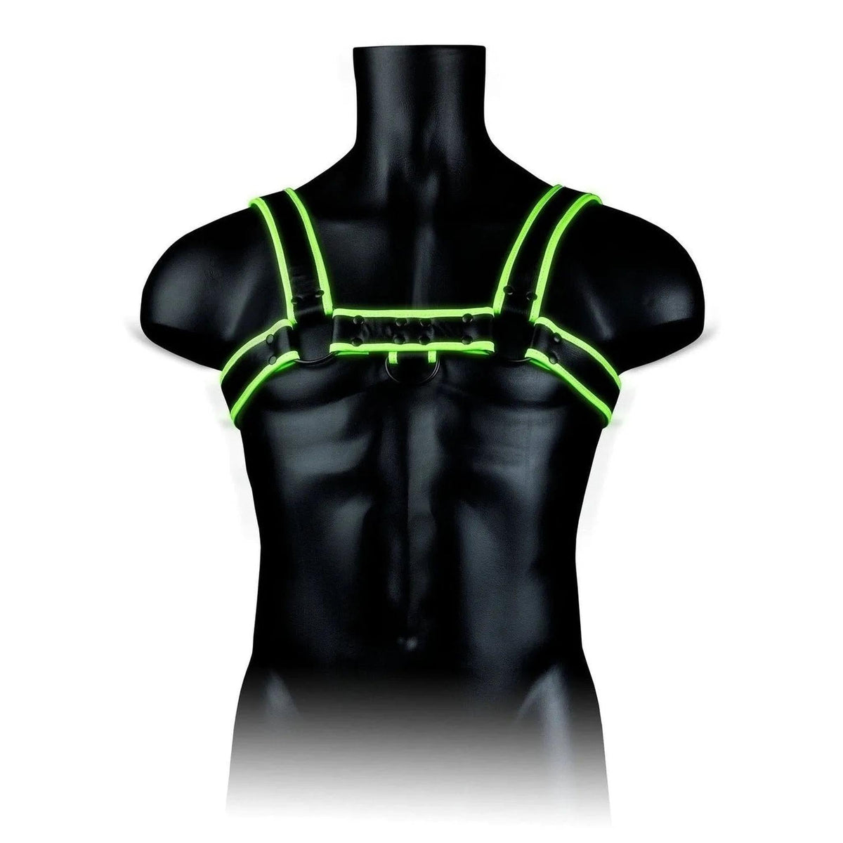 Vista frontale harness Bulldog pelle nera dettagli verde neon spalline incrociate