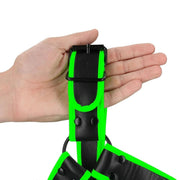 Harness Bulldog uomo pelle nera bordi verde neon con fibbia D e anello centrale